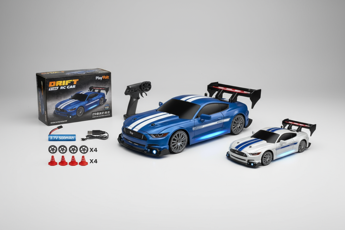 Drift RC Mustang bleue avec bandes blanches et variante blanche