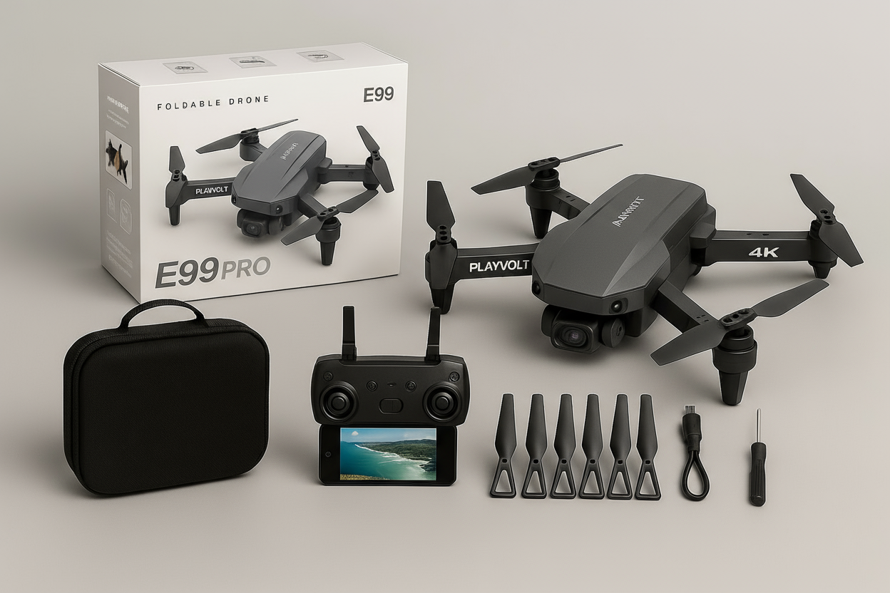 PlayVolt E99 Pro Drone Gris 4K avec accessoires